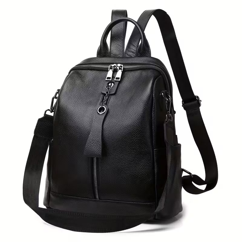 Black leather backpack on a white background