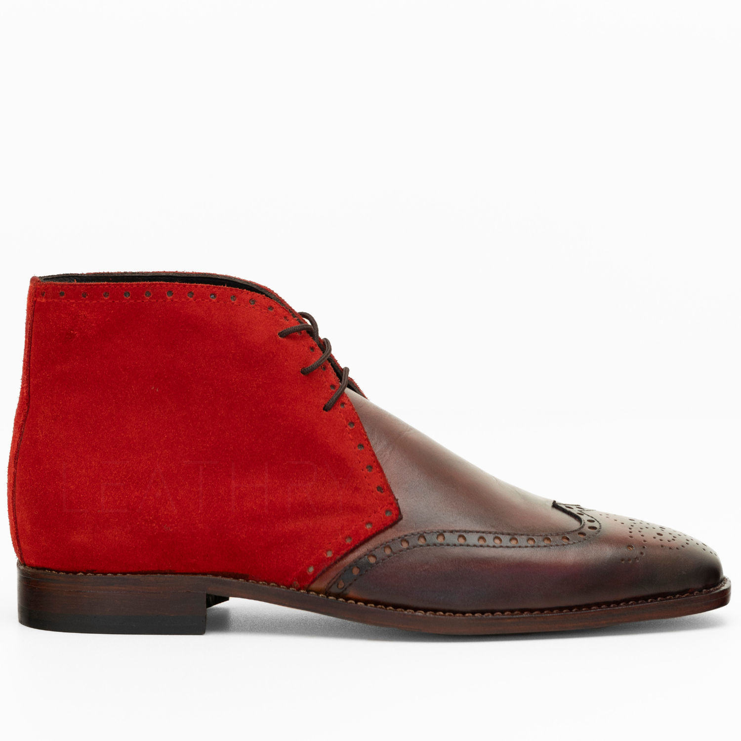 Red and brown leather shoe on a white background