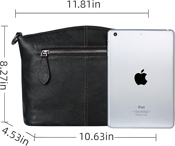 Black leather pouch with measurements and an Apple iPad for scale on a white background