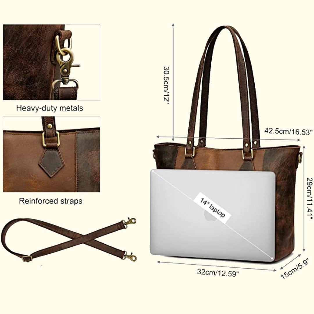 Brown handbag with measurements and features highlighted on a white background