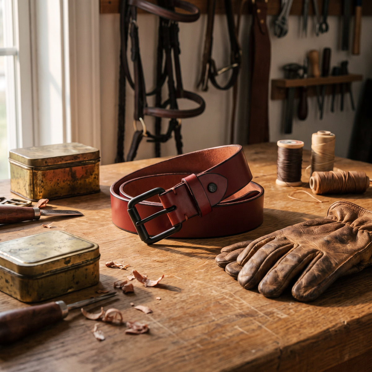The Renuo Wine Calfskin Leather Belt by Wild Mount West, styled in Texas