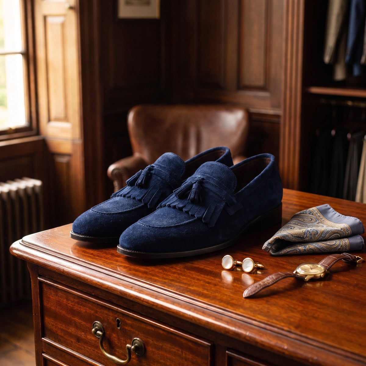 The Ashton men's loafer in blue suede with patina finish, styled editorial photo