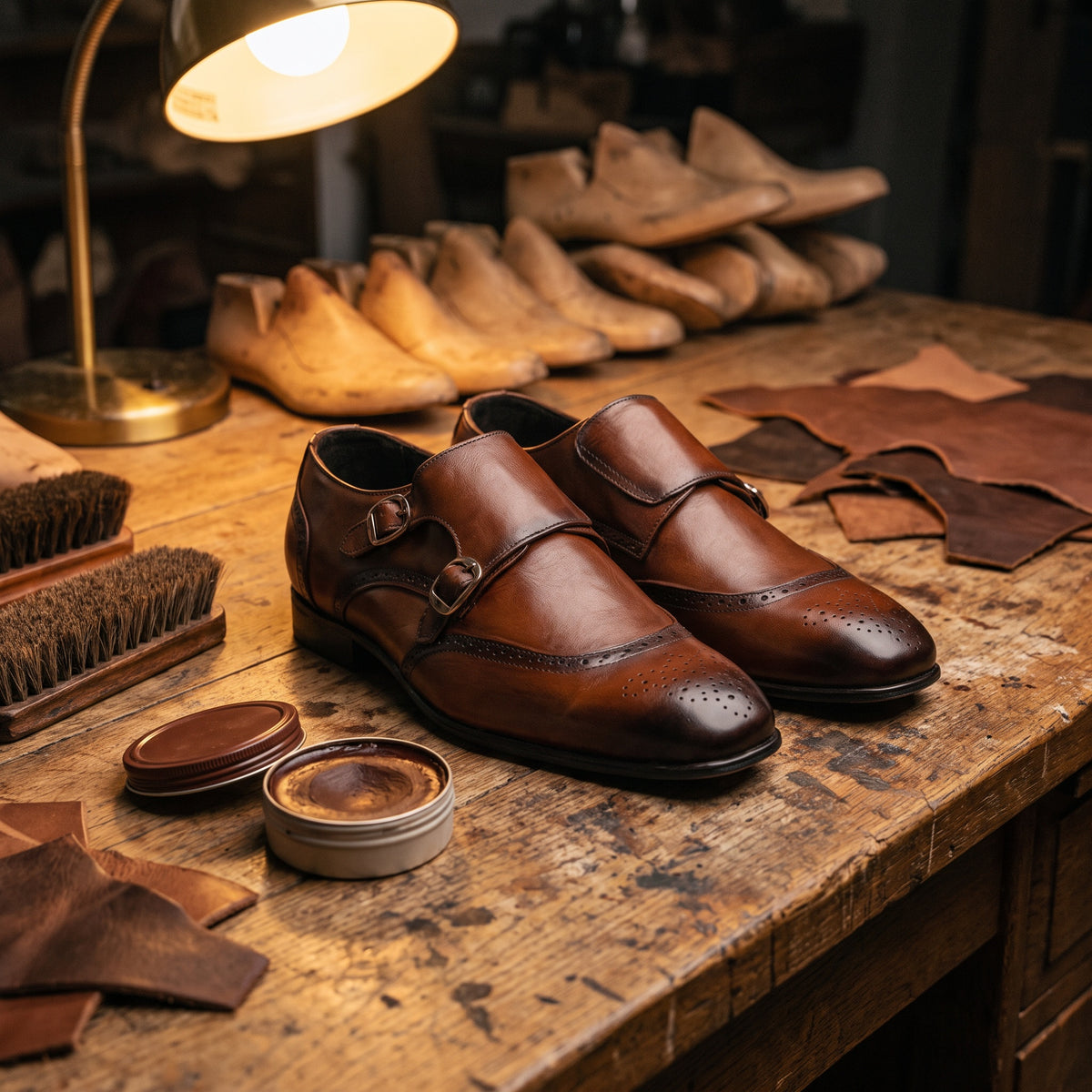 The Davis men's double monk strap shoe in calf leather with patina finish, styled editorial photo