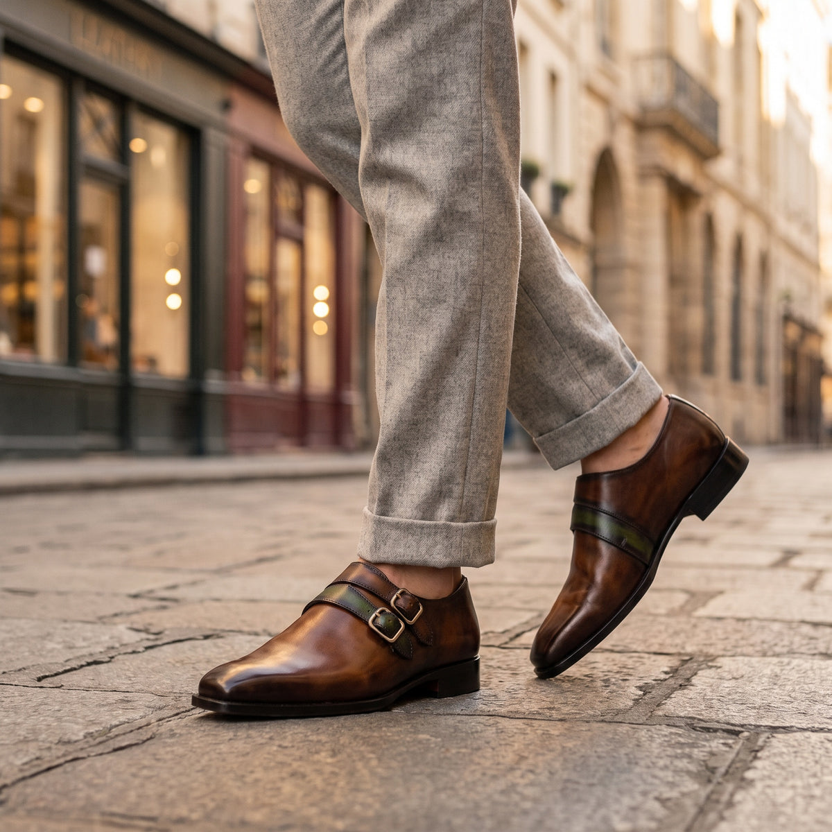 The Hayes men's double monk strap shoe in brown calf leather with patina finish, styled editorial photo