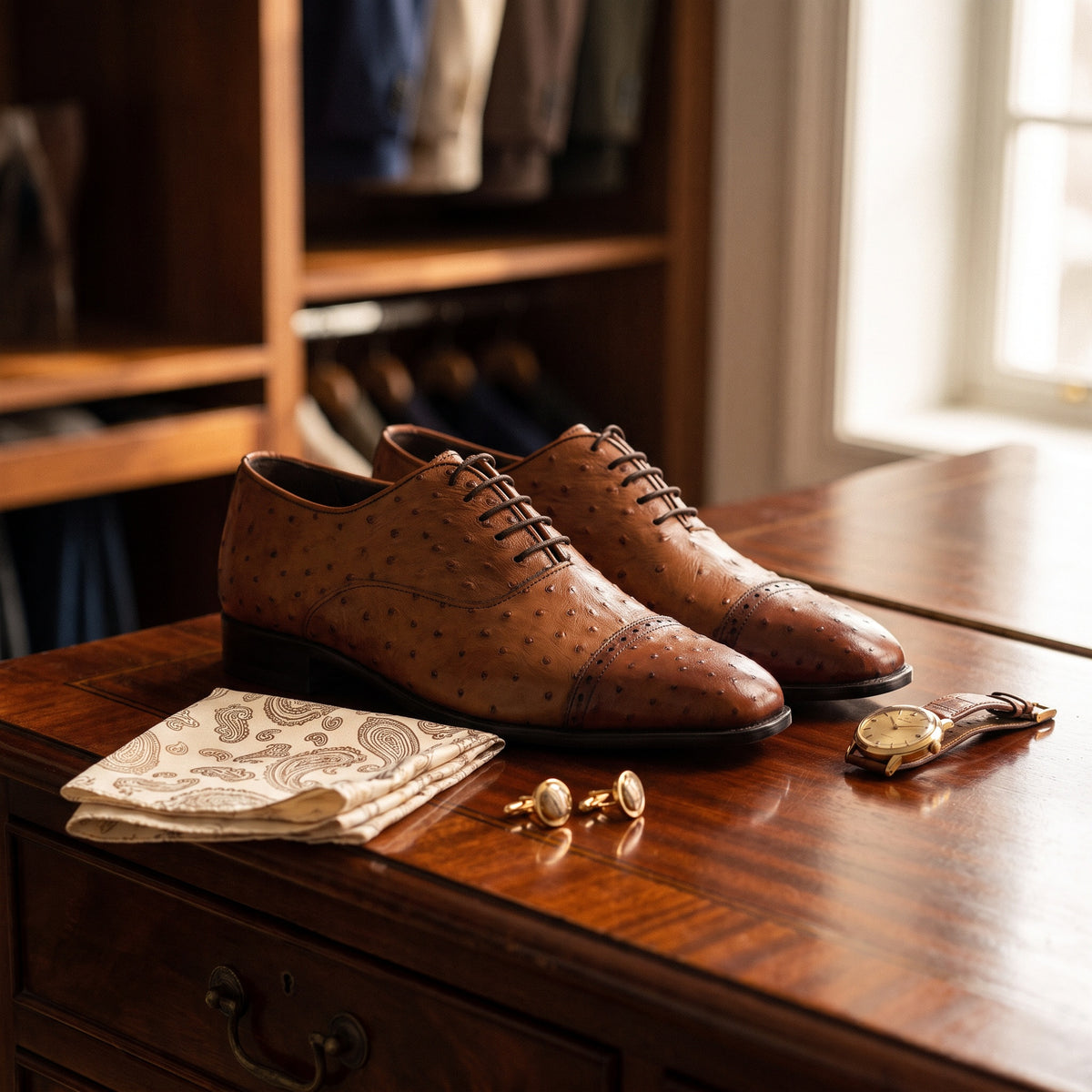 The Quinn men's cap toe Oxford shoe in brown ostrich-embossed calf leather with patina finish, styled editorial photo