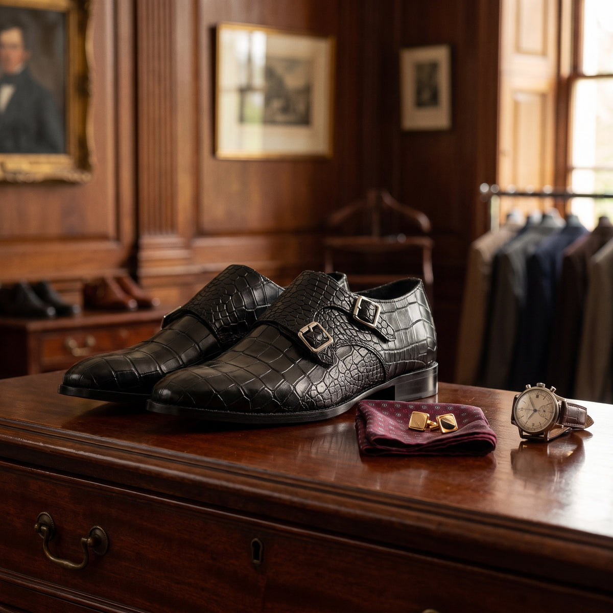 The Reed men's double monk strap shoe in black alligator-texture calf leather, styled editorial photo