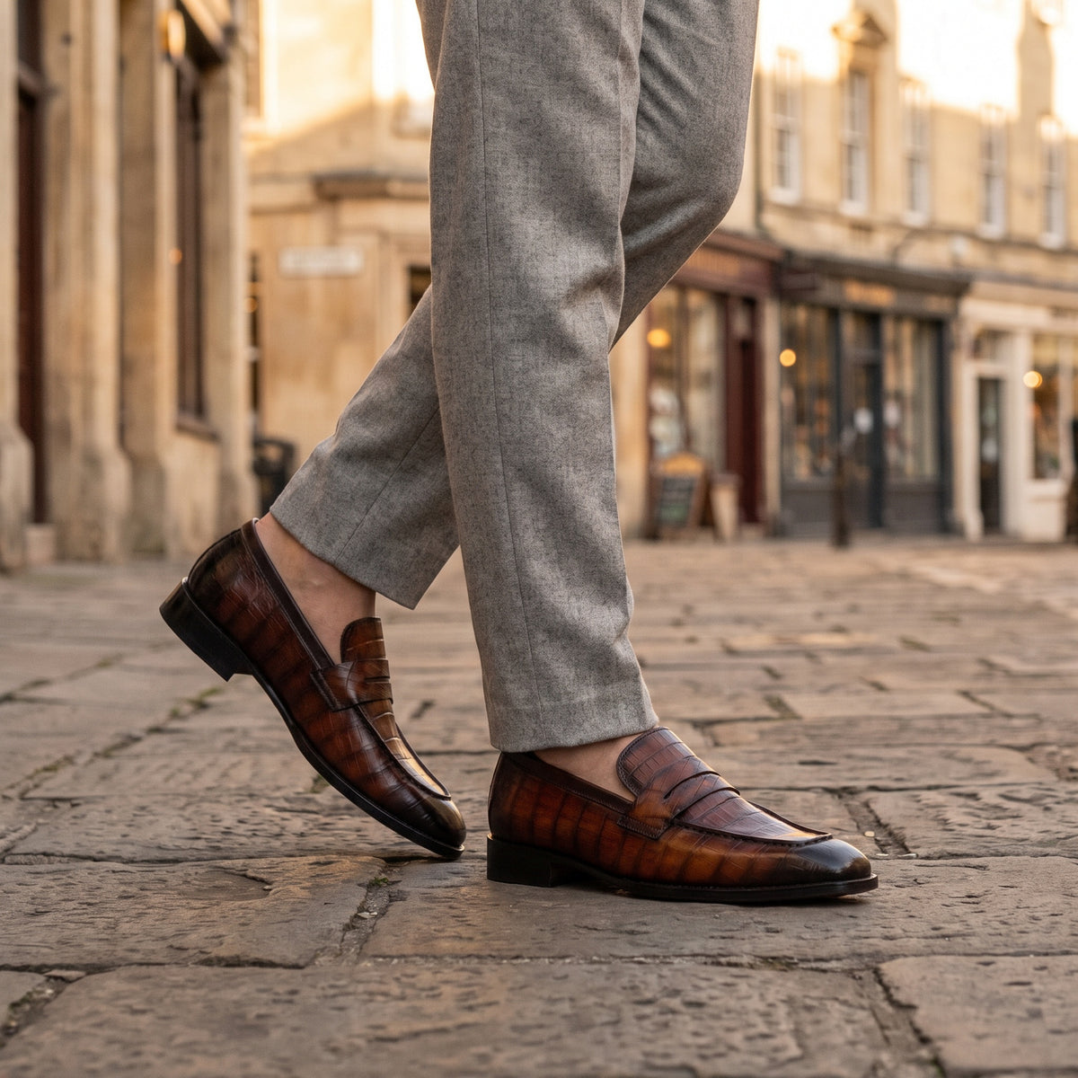 The Royce men's moccasin loafer in brown alligator-texture calf leather, styled editorial photo