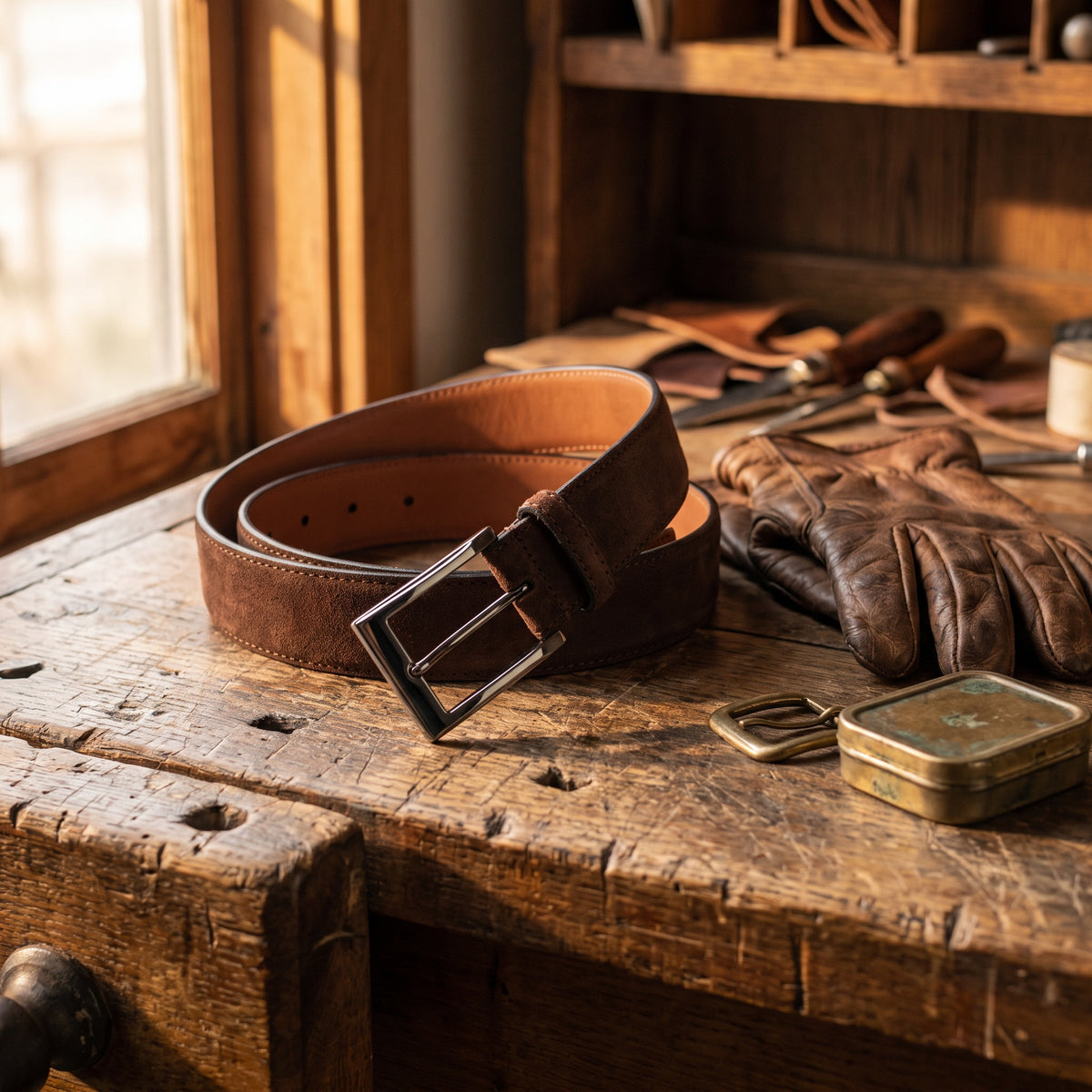 The Westy Suede Chocolate Leather Belt by Wild Mount West, styled in Texas