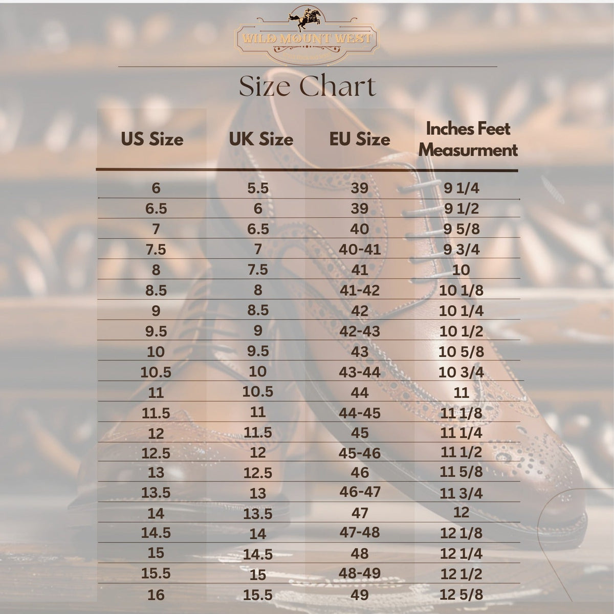 Wild Mount West size chart for shoes with measurements in US, UK, EU, and inches.