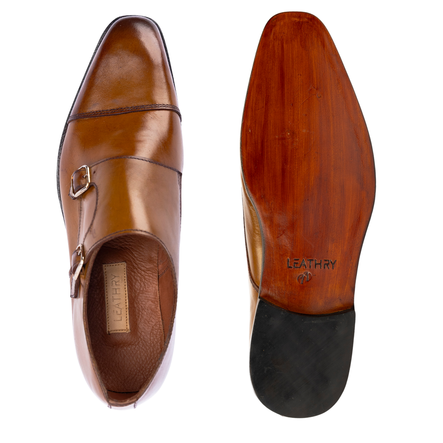 Brown leather shoe with wooden sole on a white background
