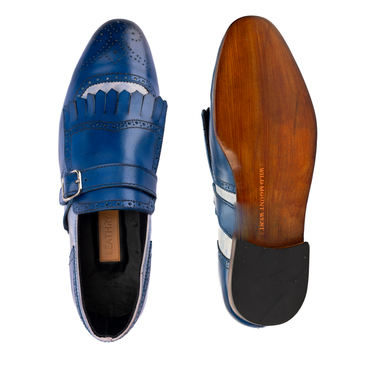 Blue leather dress shoe with wooden sole on a white background
