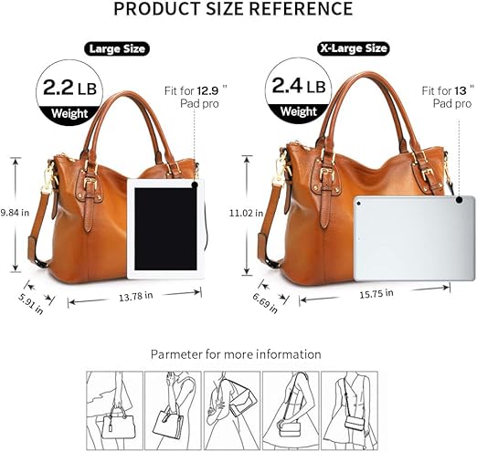 Product size reference chart for a brown handbag with dimensions and weight information.