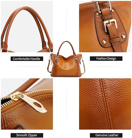Collage of a brown leather handbag with features highlighted on a white background.