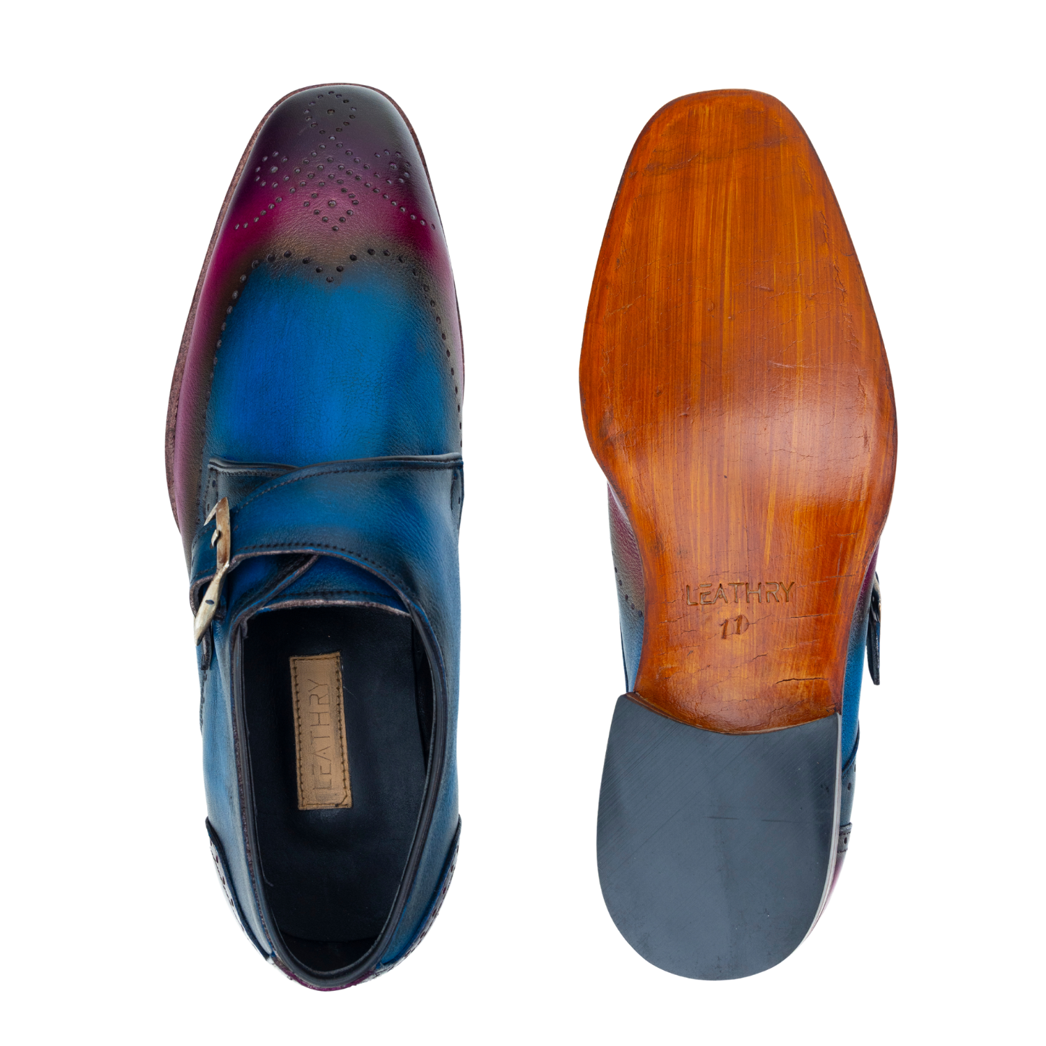Blue leather shoe with wooden sole on a white background