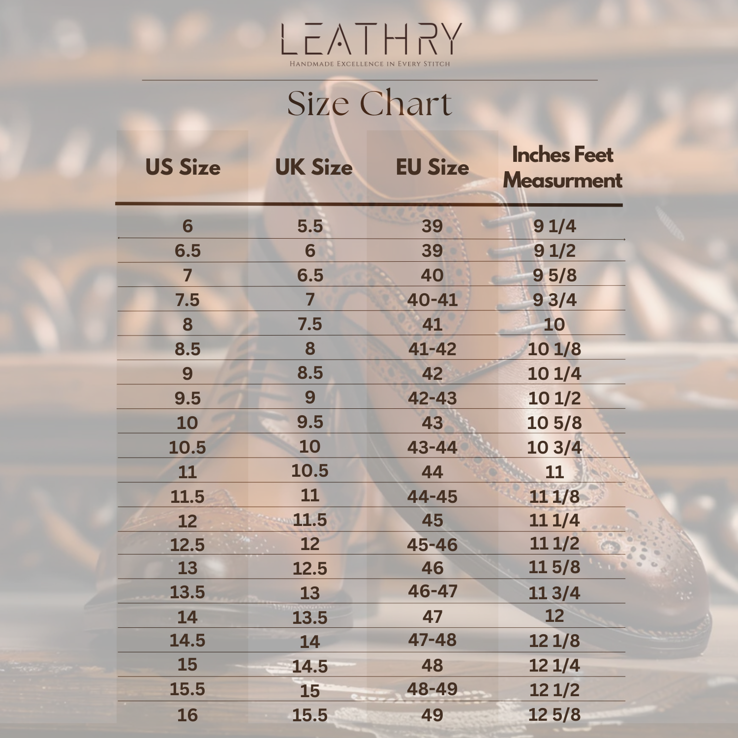 Size chart for shoes with US, UK, EU sizes and feet measurement.