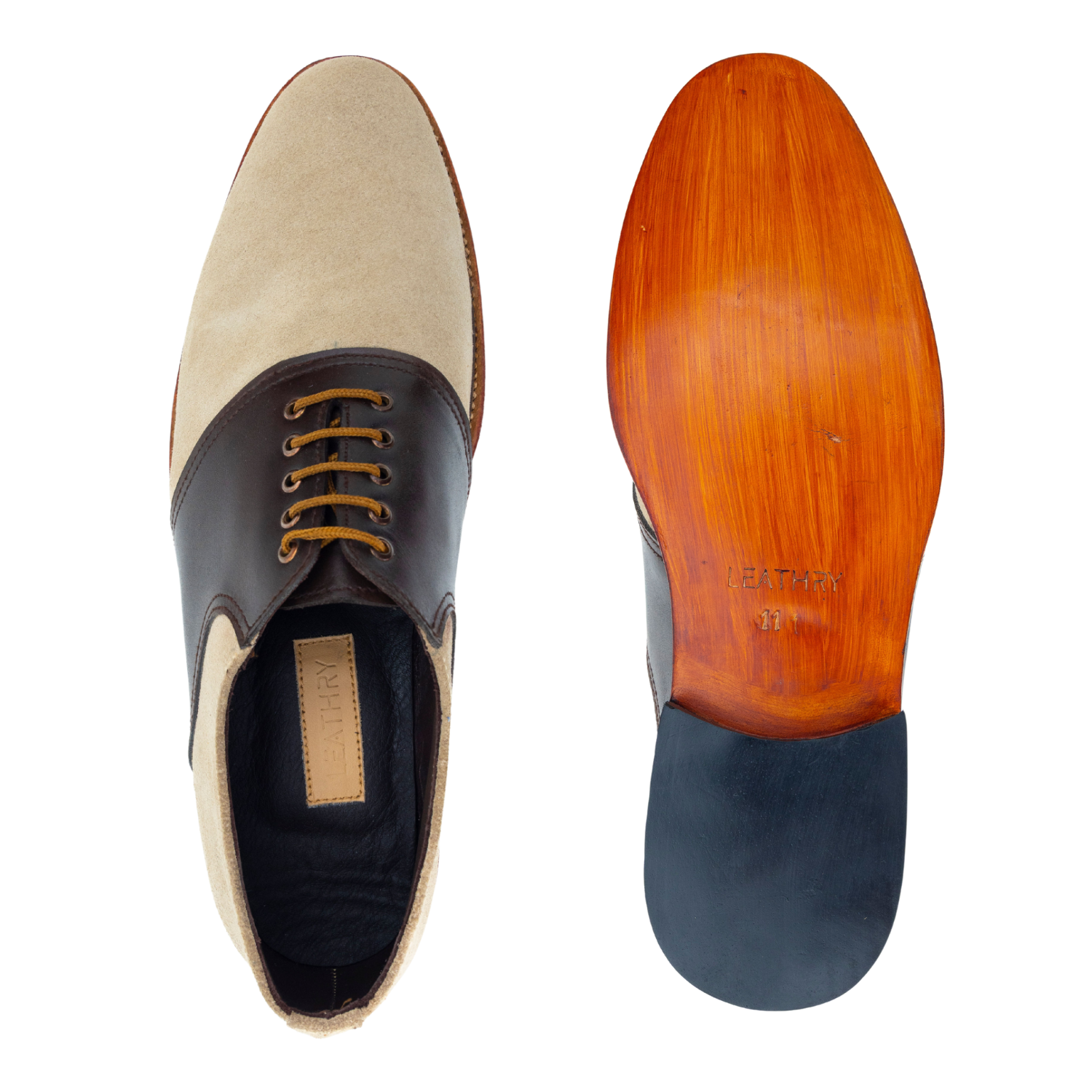 Men's dress shoe with a wooden sole on a white background