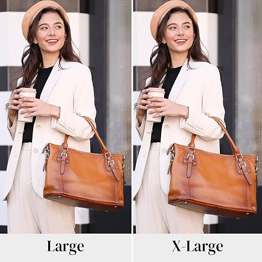 Woman holding a large and an X-large brown handbag, side by side comparison.