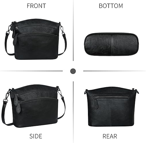 Black leather handbag shown from front, bottom, side, and rear angles.