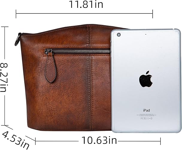 Brown leather clutch bag with dimensions and an iPad for scale
