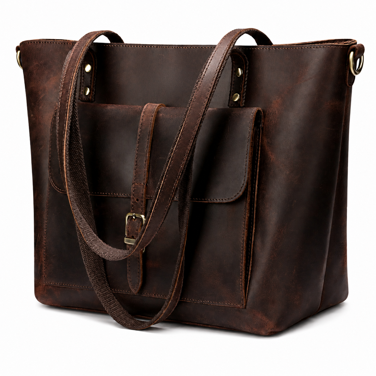 Brown leather tote bag with a shoulder strap on a white background