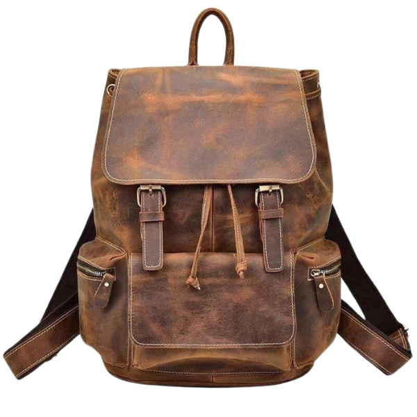 Brown leather backpack on a white background
