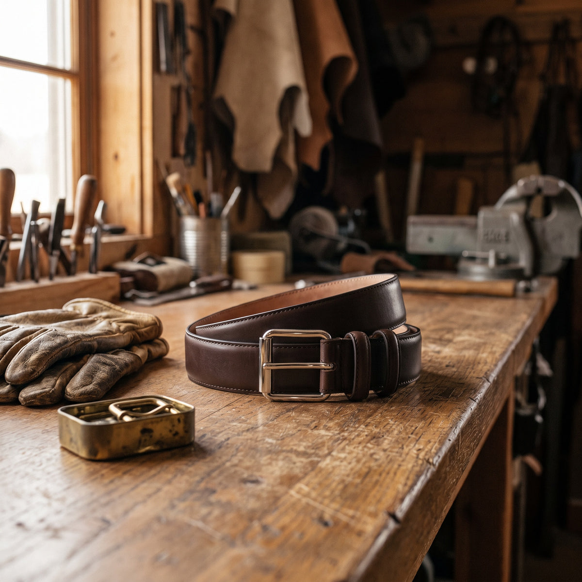 The Cedar Calfskin Leather Belt by Wild Mount West, styled in Texas