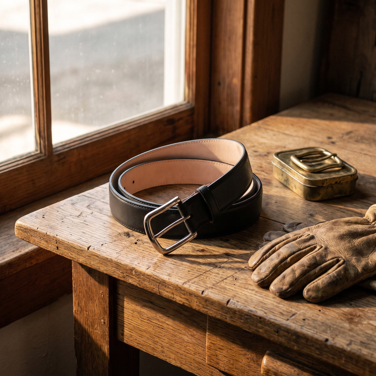 The Chattea Calfskin Leather Belt - Midnight Black by Wild Mount West, styled in Texas