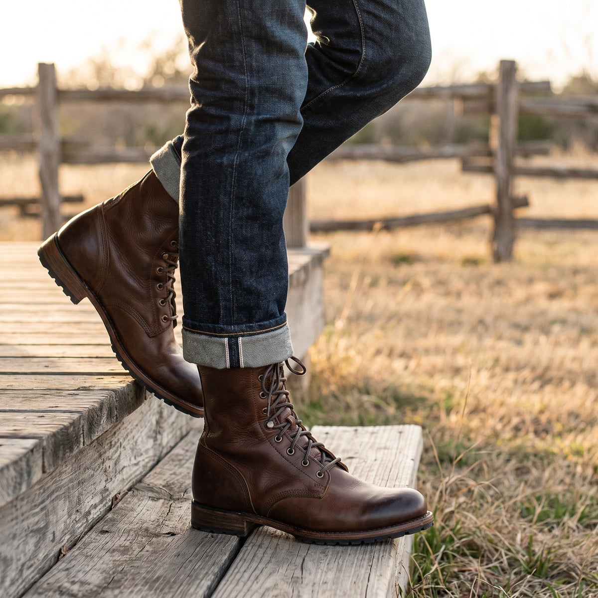 Harding Cowboy Brown Leather Boot by Wild Mount West, worn in the Texas outdoors