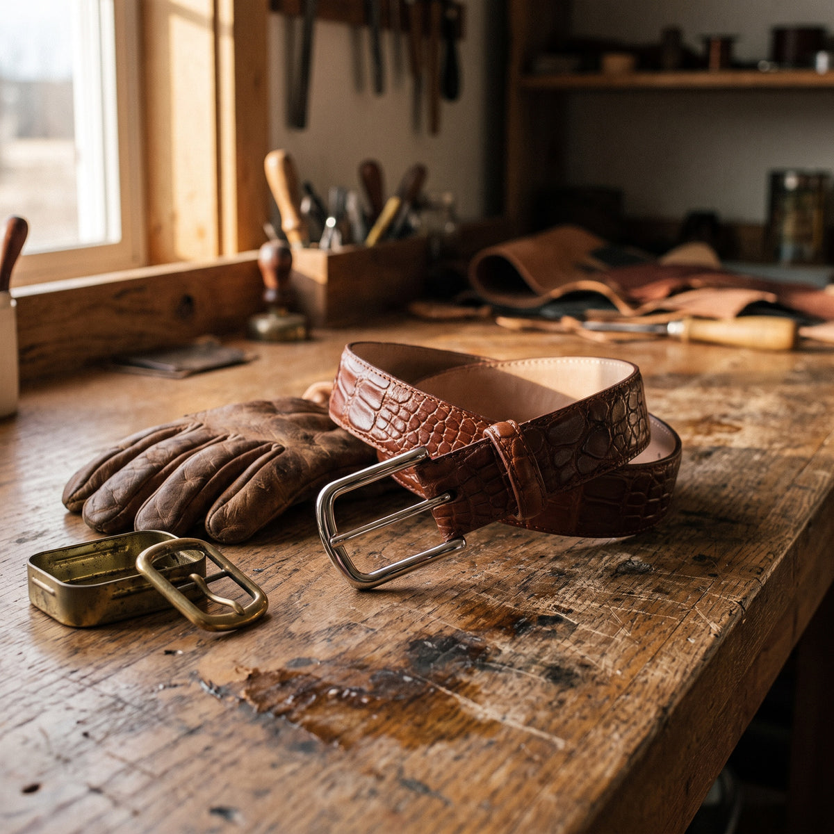 The Marvin Chestnut Leather Belt by Wild Mount West, styled in Texas