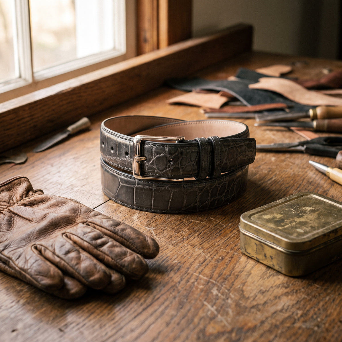 The Litaue Grey Leather Belt by Wild Mount West, styled in Texas
