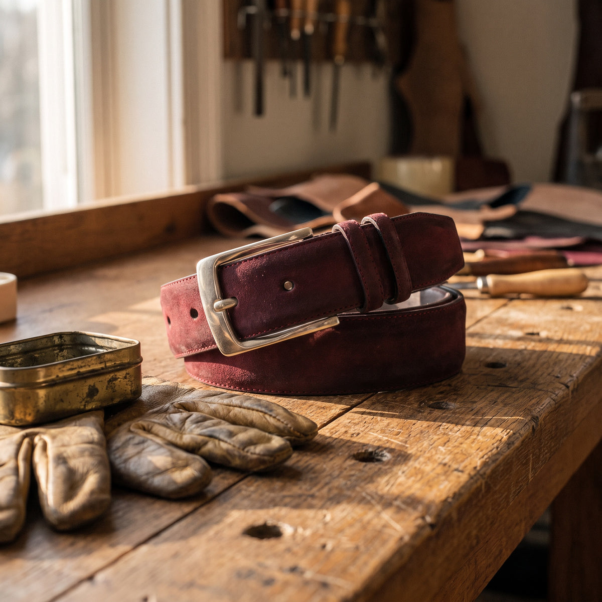 The Holden Suede Wine Leather Belt by Wild Mount West, styled in Texas