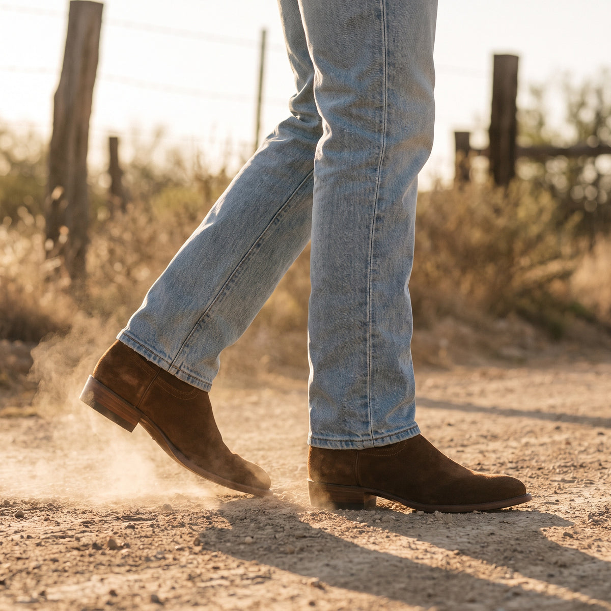 Jackson Suede Leather Brown Western Boot by Wild Mount West, worn in the Texas outdoors