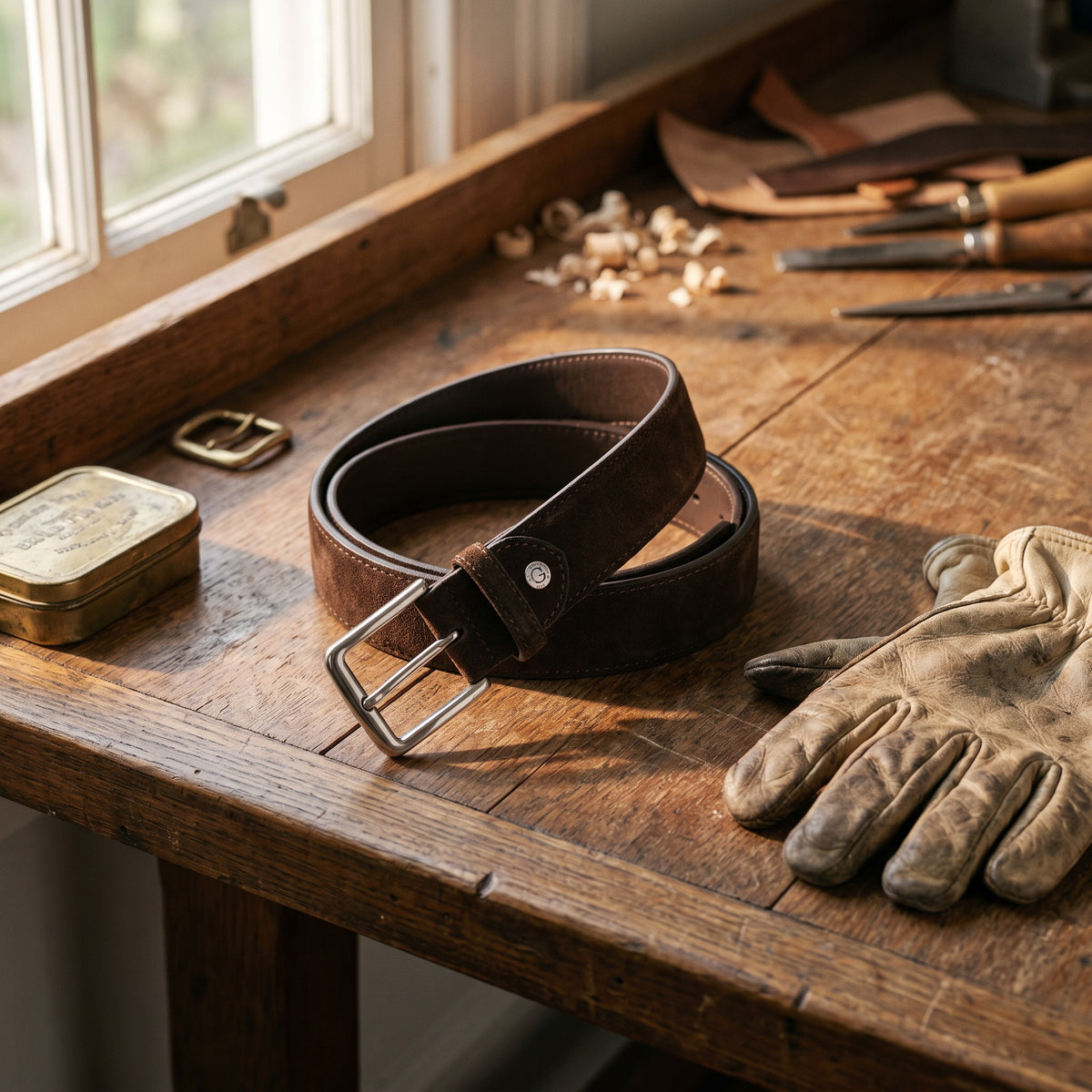 The Ralph Suede Leather Belt by Wild Mount West, styled in Texas