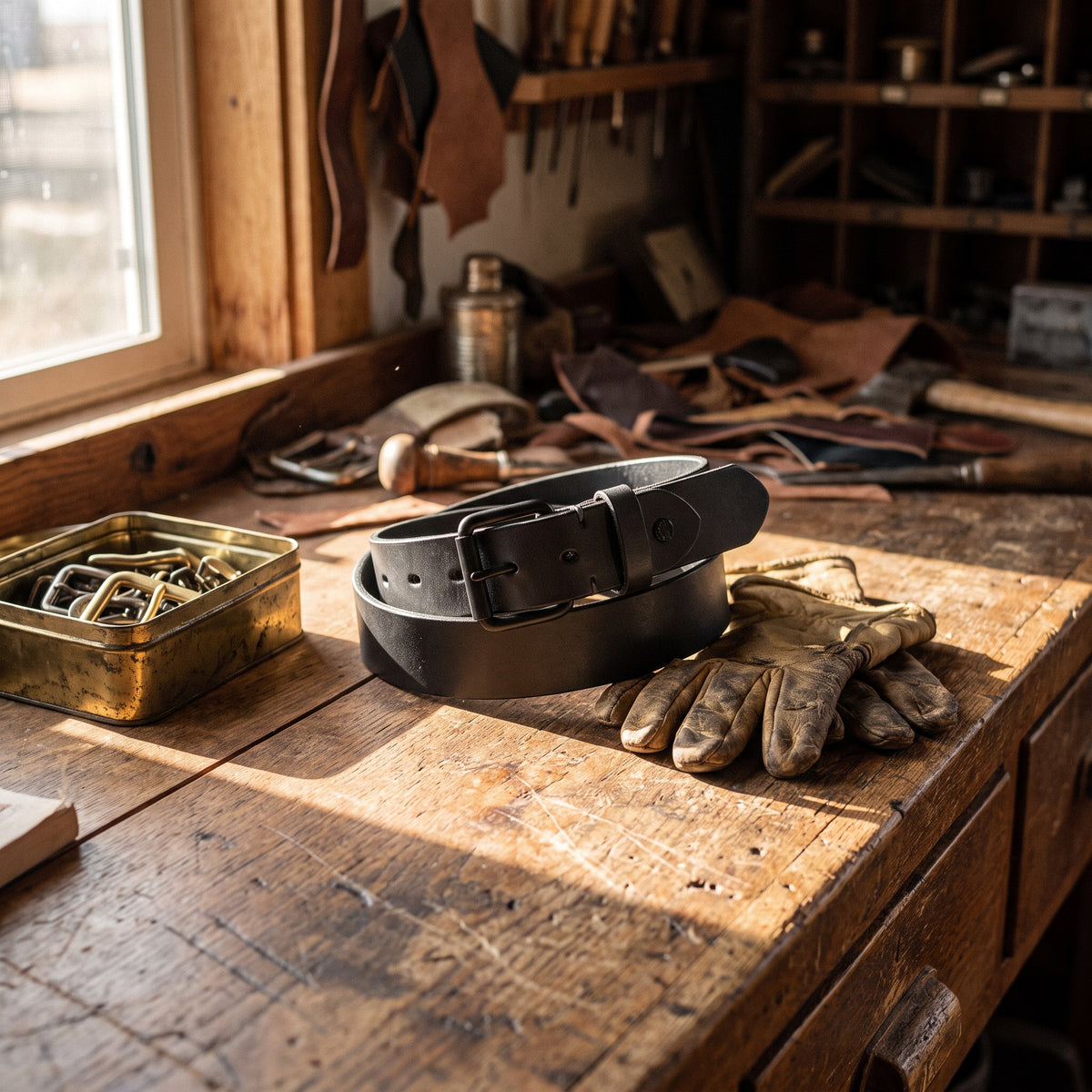 The Renuo Black Calfskin Leather Belt by Wild Mount West, styled in Texas