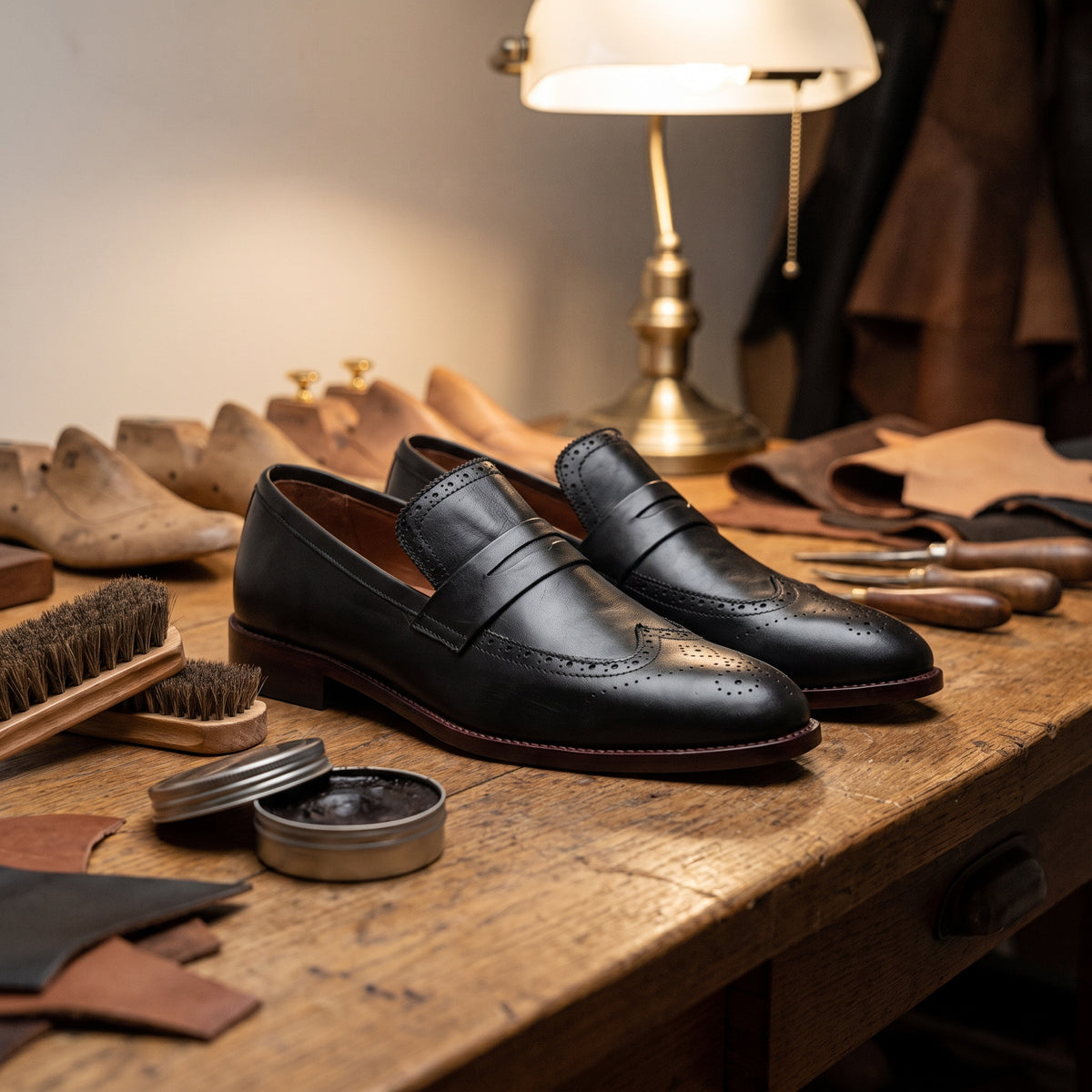 The Baylor men's penny loafer in black calf leather, styled editorial photo