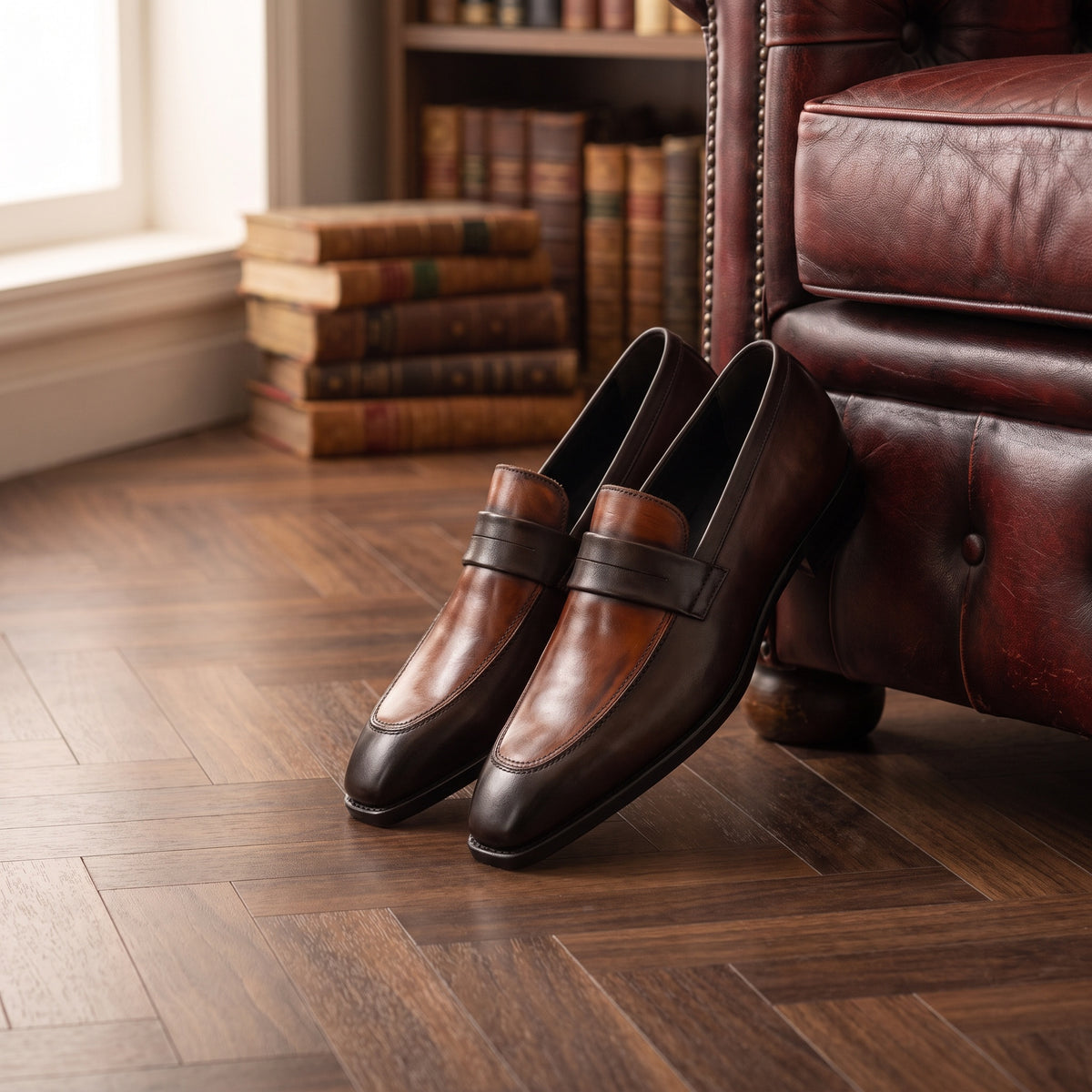 The Ellis men's loafer in brown calf leather with patina finish, styled editorial photo