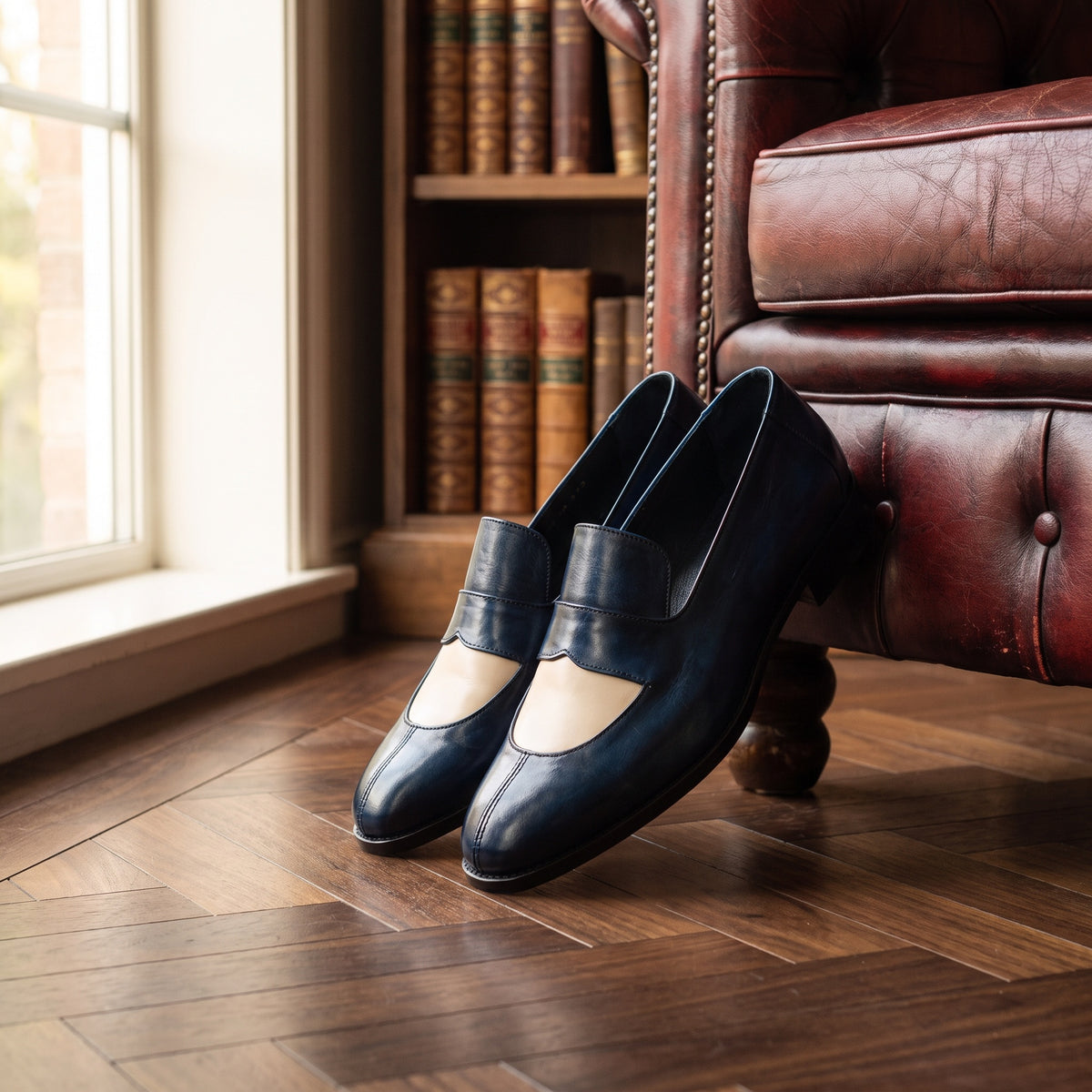 The Gage men's moccasin loafer in blue calf leather, styled editorial photo