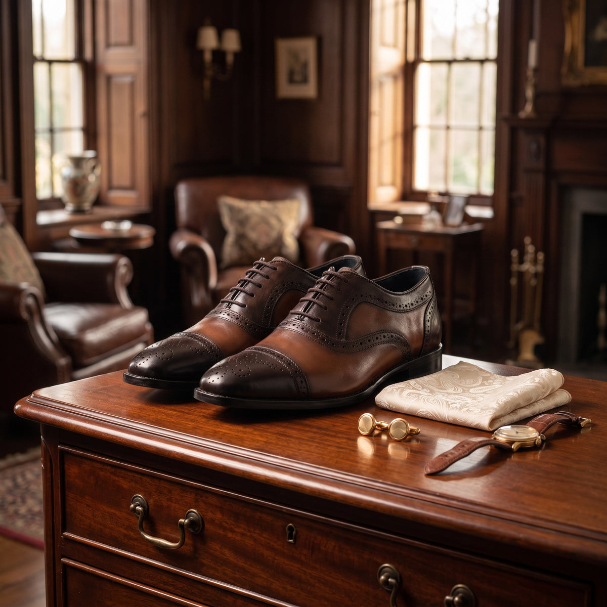 The Larson men's brogue Oxford shoe in dual-tone calf leather with patina finish, styled editorial photo