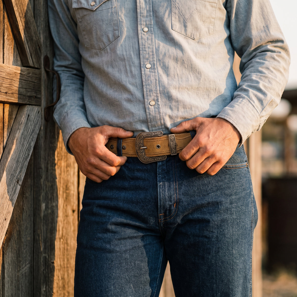 The Prairie Pioneer Belt by Wild Mount West, worn in the Texas outdoors