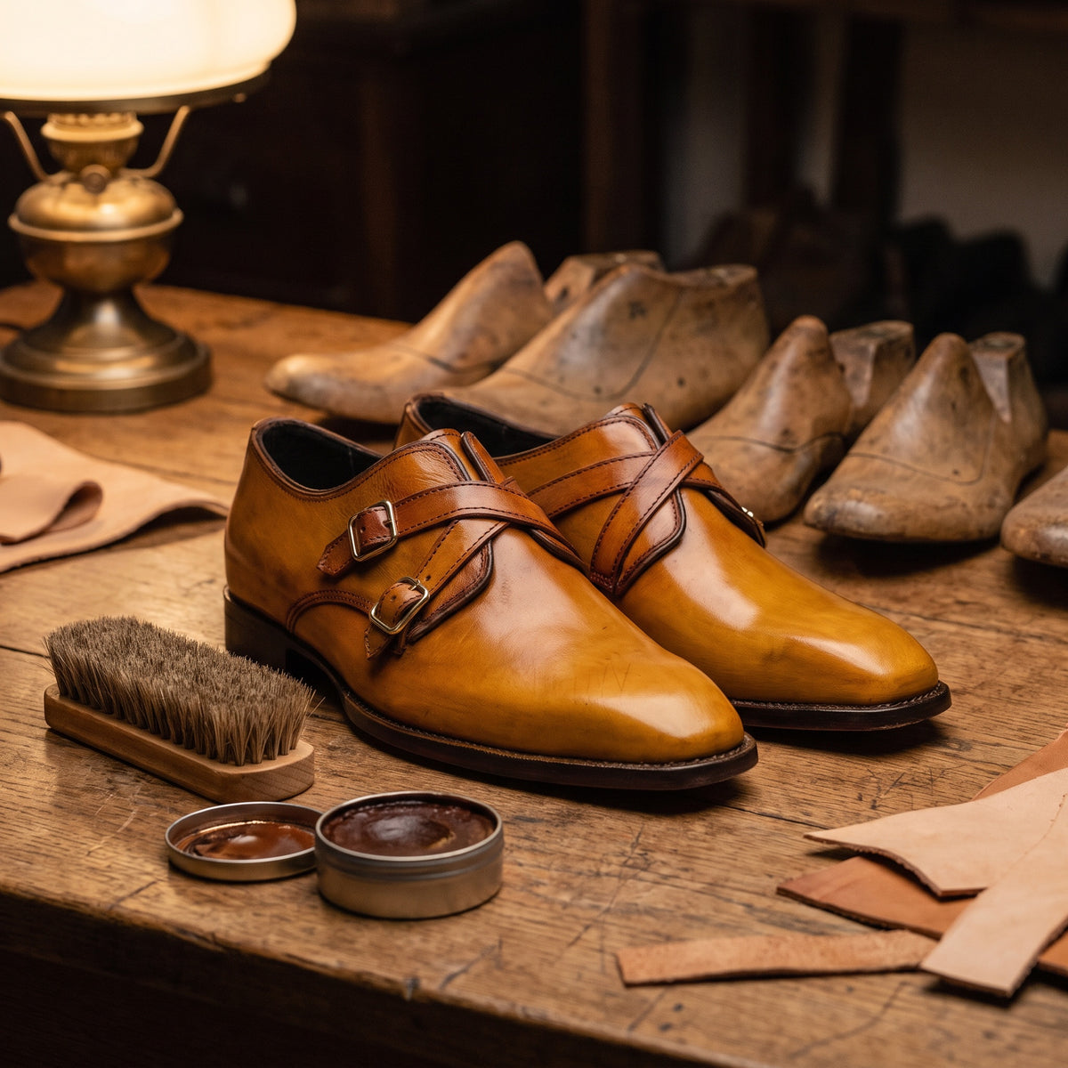 The Tilden men's double monk strap shoe in yellow calf leather with patina finish, styled editorial photo