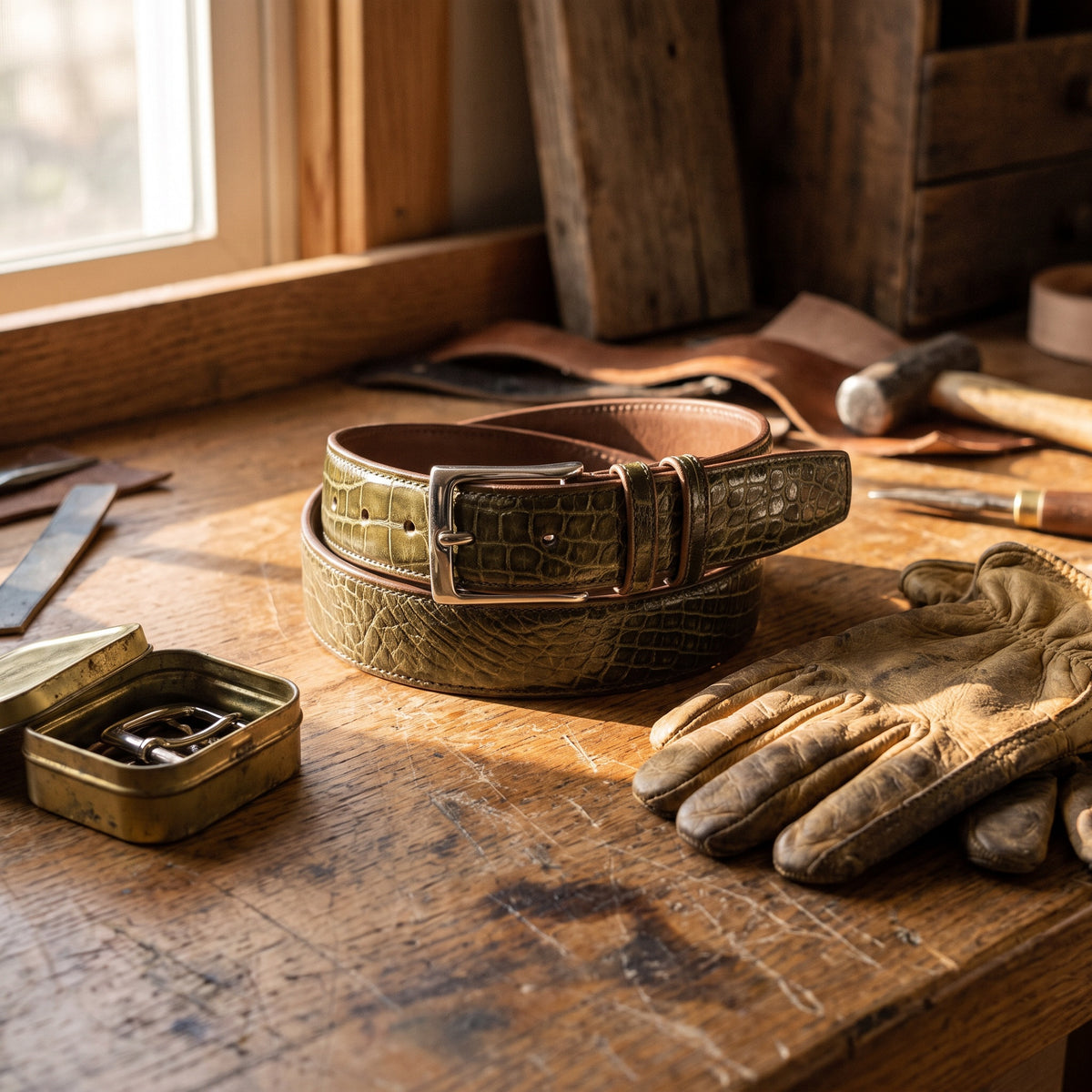 The Vector Green Leather Belt by Wild Mount West, styled in Texas