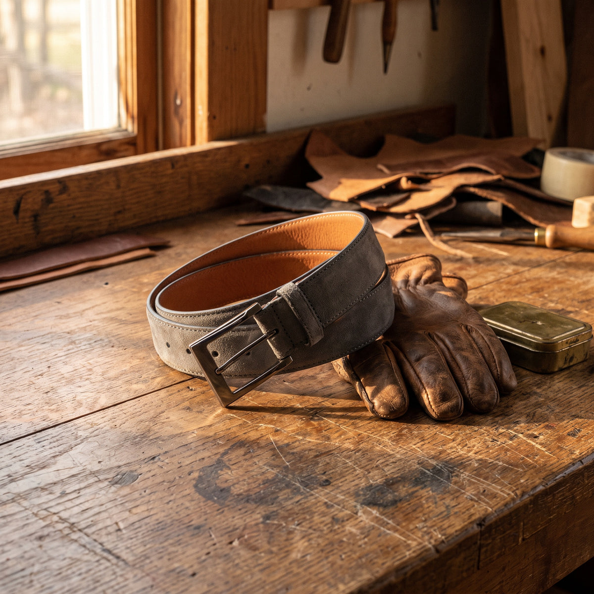 The Westy Suede Grey Leather Belt by Wild Mount West, styled in Texas