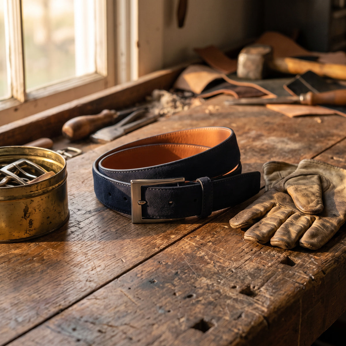 The Westy Suede Navy Leather Belt by Wild Mount West, styled in Texas